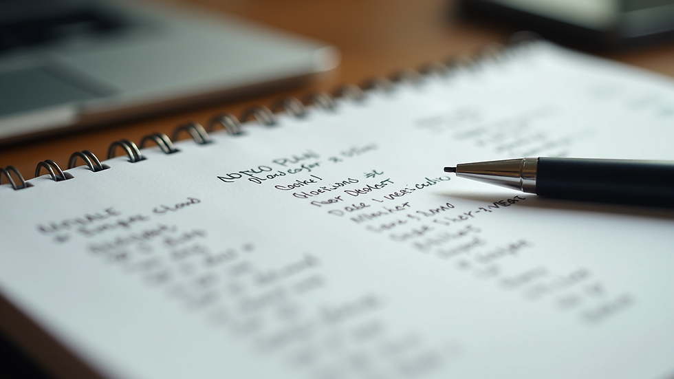 Close-up view of a notebook with handwritten budget plans and a pen