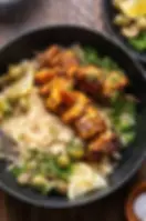 Grilled Chicken Kabobs, Rice and Curry Chickpeas