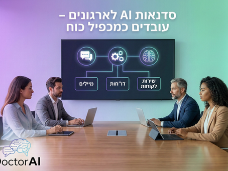 חדר ישיבות מודרני עם צוות עובדים סביב שולחן ומסך גדול המציג אייקוני AI ותהליכי עבודה מחוברים