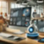 תמונה ריאליסטית של שולחן עבודה מודרני עם מסך מחשב המציג לוח בקרה של בינה מלאכותית, מכשיר עוזר חכם וסמארטפון עם הודעות צ'אט, ברקע צוות עובדים מגוונים במשרד מואר.