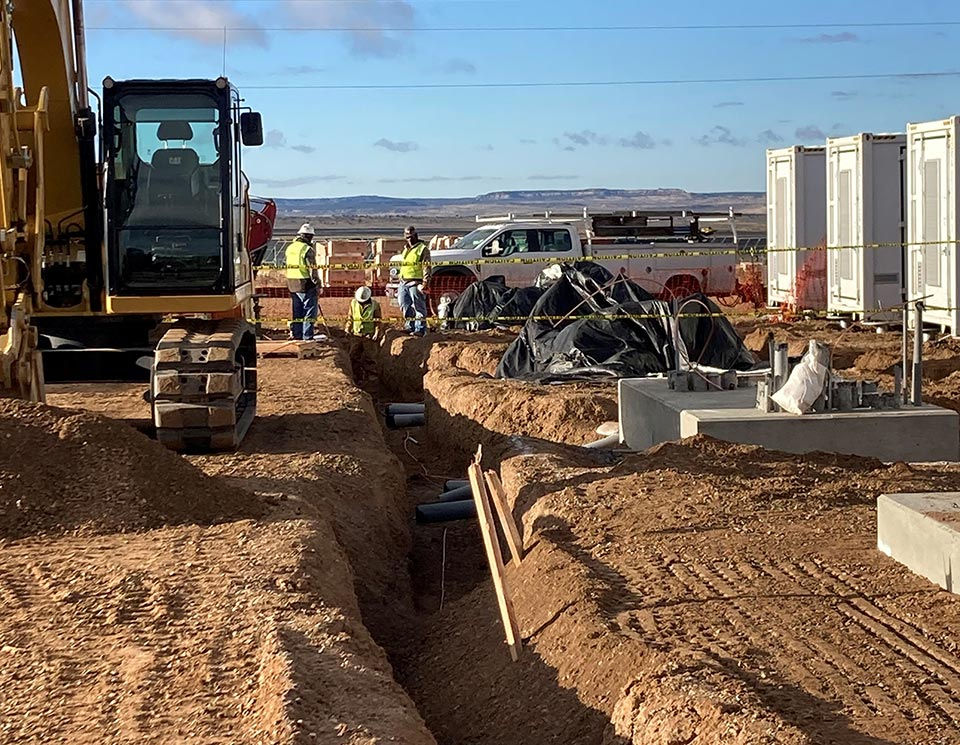 Utility construction trench at solar facility
