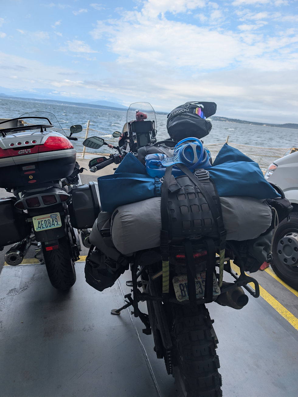 Loaded touring motorcycles parked by a waterfront under a cloudy blue sky, with a Washington plate and camping gear strapped on