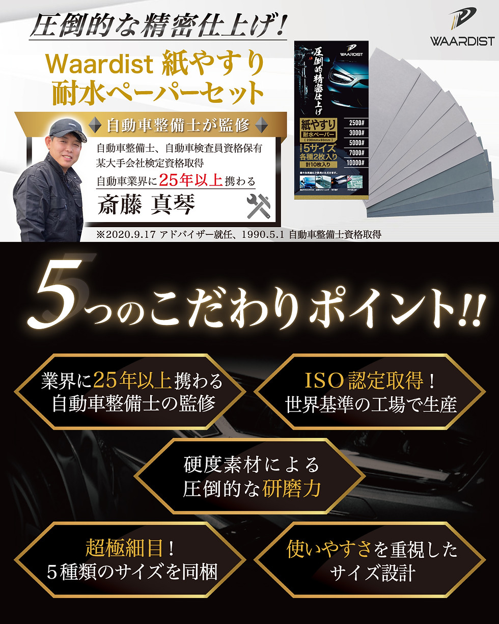 サムネイル： Waardist 【整備士が監修】 10000番 ～ 2500番 紙やすり 紙ヤスリ 耐水ペーパー セット サンドペーパー かみやすり 5種10枚 極細目