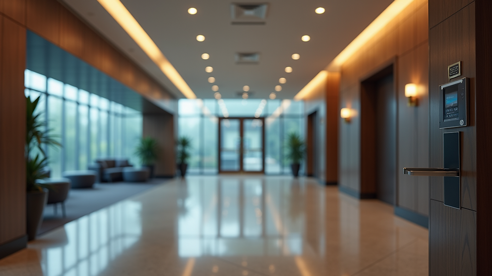Eye-level view of a hotel lobby with modern security features