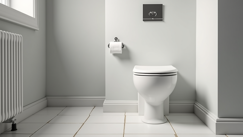 Eye-level view of a modern white toilet in a stylish bathroom