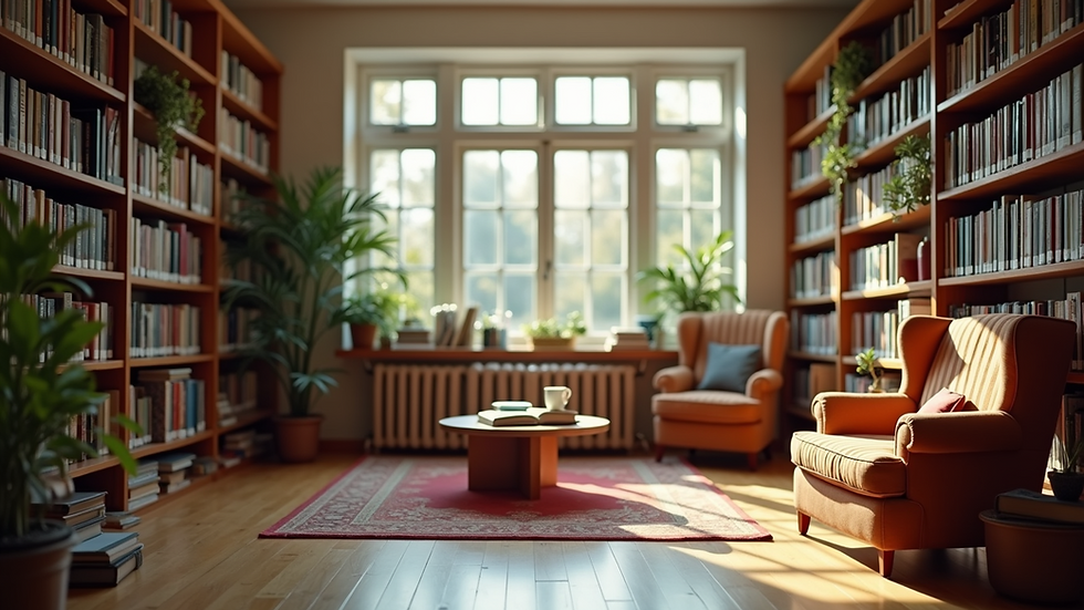 Eye-level view of a cozy reading nook filled with books and educational materials