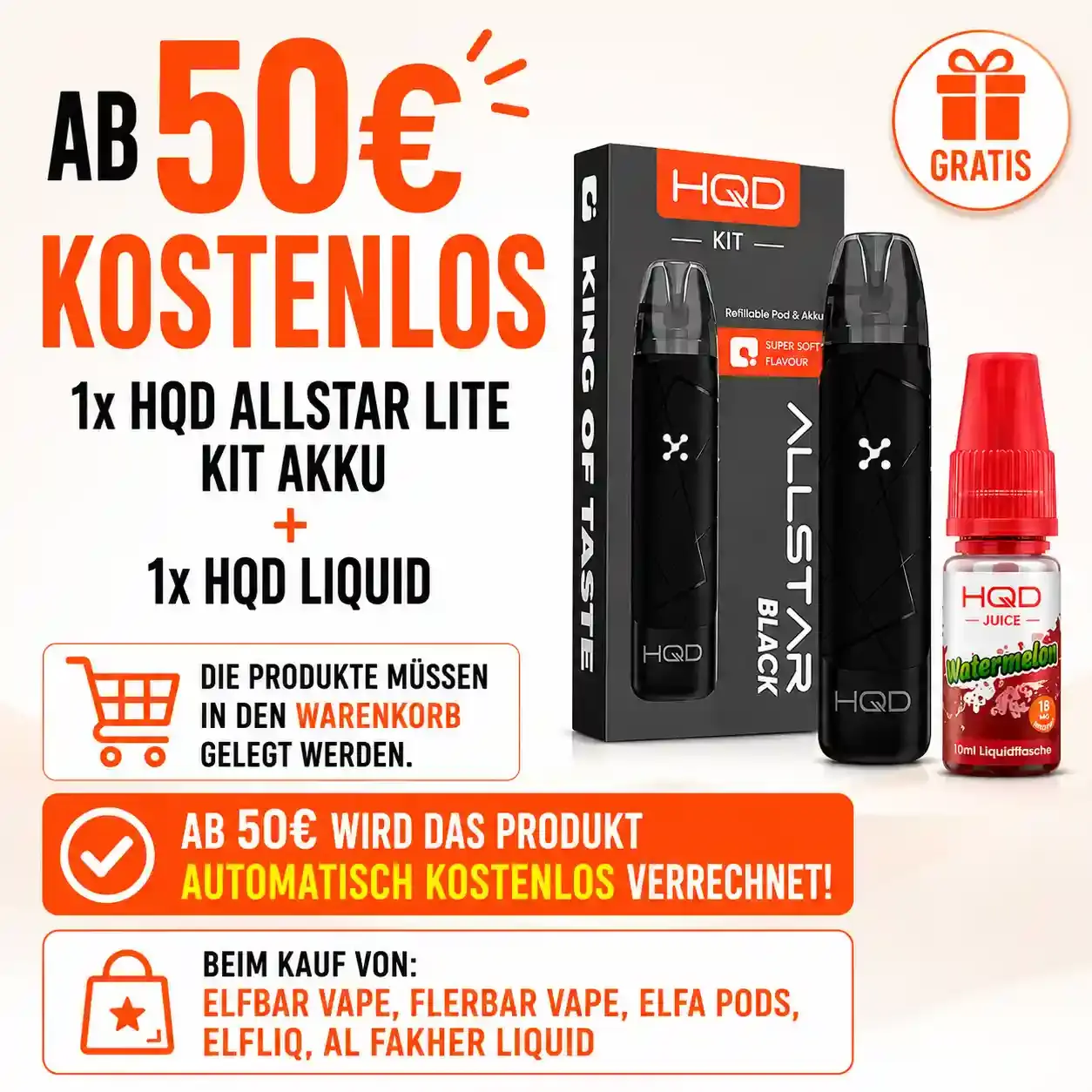 HQD Allstar Lite + HQD Liquid GRATIS ab 50 € | Aktion
