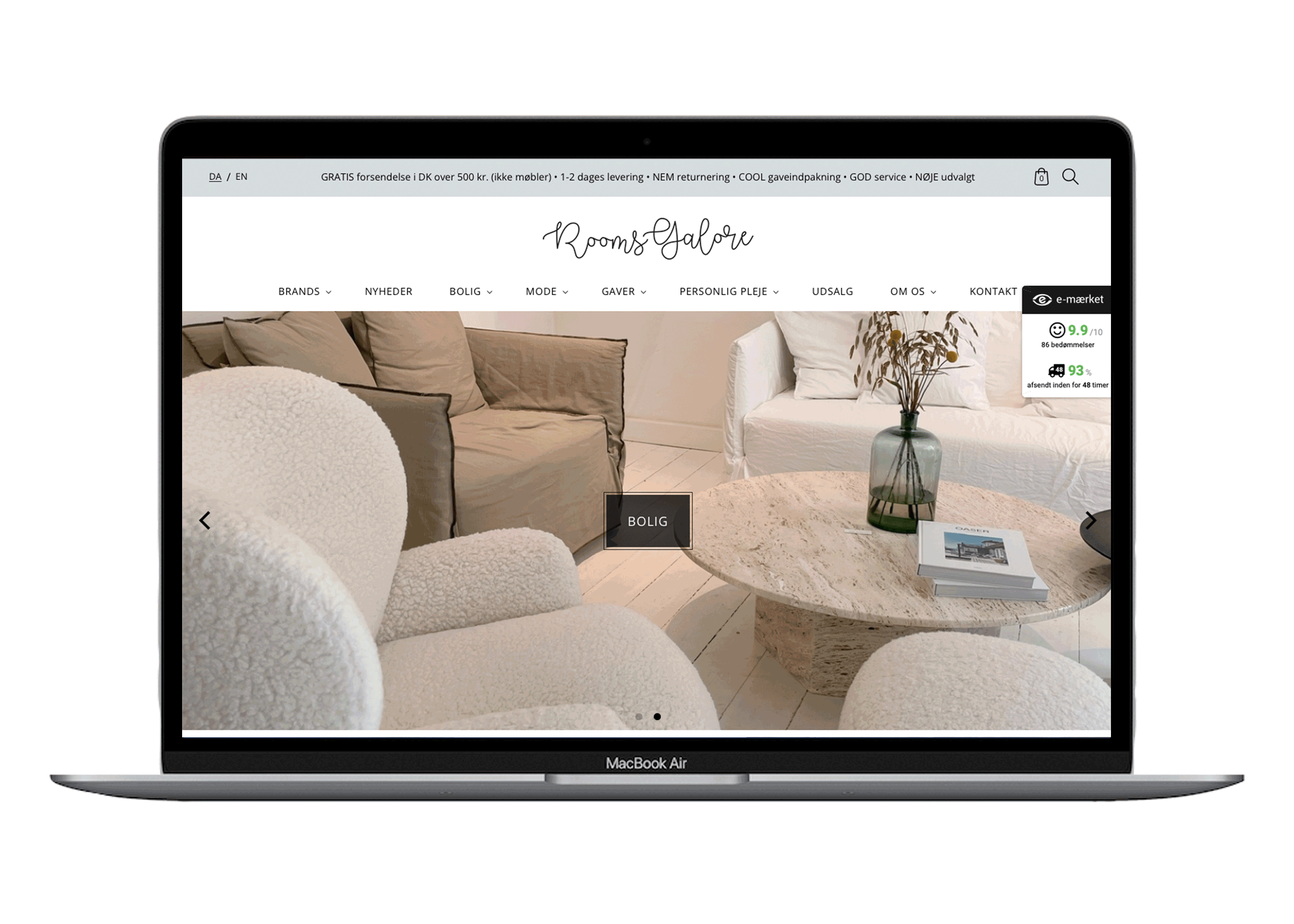Online shop med møbler, tøj, køkkenting, brands, sæbe, chokolade, gaver