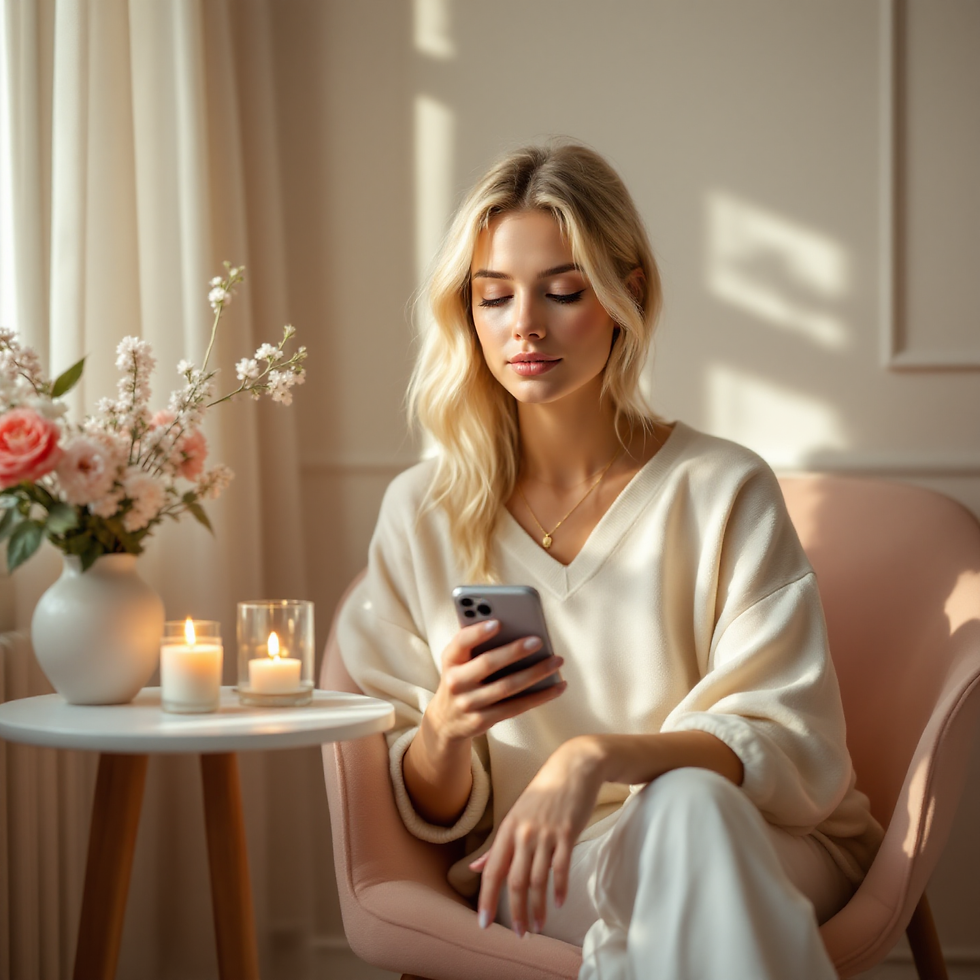 A woman sitting in a serene environment looking pensivly at her phone