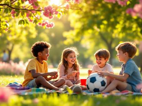 Child inviting another child to join a group of friends at a sunny park picnic, showing how kids learn friendship and inclusion skills.