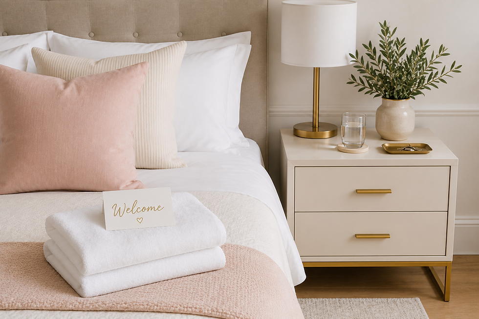 A tidy guest room with a made bed, folded towels, and a glass of water on the nightstand, illustrating houseguest etiquette and gracious hosting.