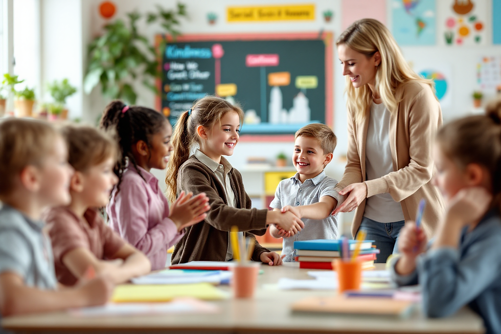 Elementary students practicing social skills in a bright, cheerful classroom — shaking hands, listening, and learning under teacher guidance