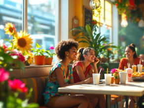 Teens sitting at a bright fast-food restaurant pauses to observe other teens talking and laughing, illustrating how kids learn to read social cues and group energy.