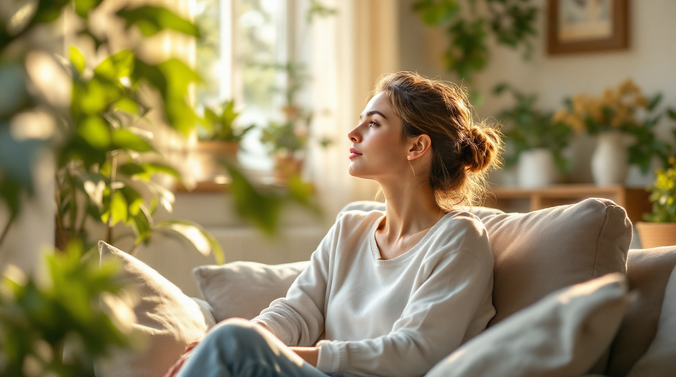 A woman sitting calmly with a warm cup of coffee, taking a quiet moment to herself, illustrating setting boundaries with family.