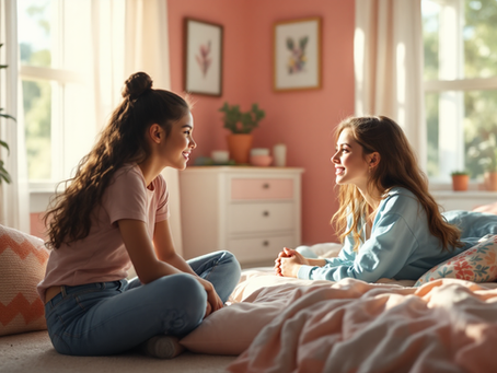 Two older teens talk calmly in a casual setting, demonstrating assertive communication and healthy boundaries.
