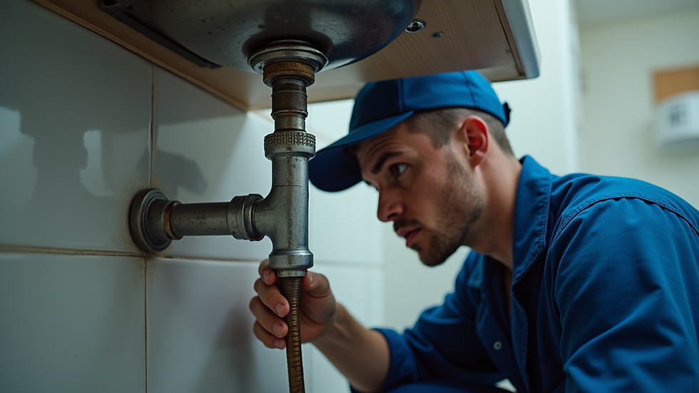 Eye-level view of a plumber conducting a routine inspection under the sink