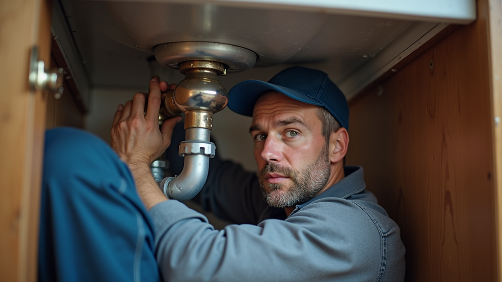 Eye-level view of a plumber fixing a leaking pipe under a kitchen sink