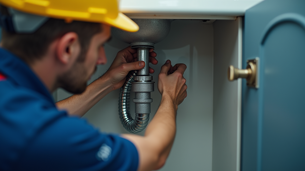 Eye-level view of a plumber fixing a pipe under a sink