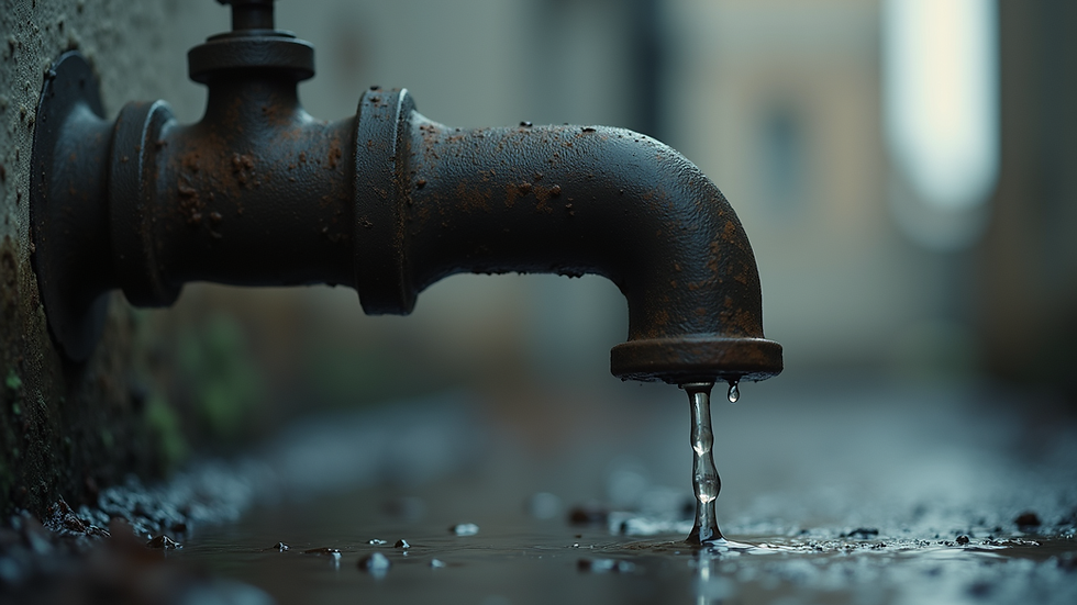 Close-up view of a leaking pipe with water dripping