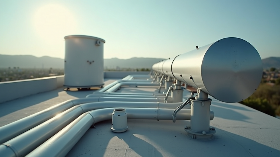 Close-up view of solar geyser pipes and storage tank on a rooftop