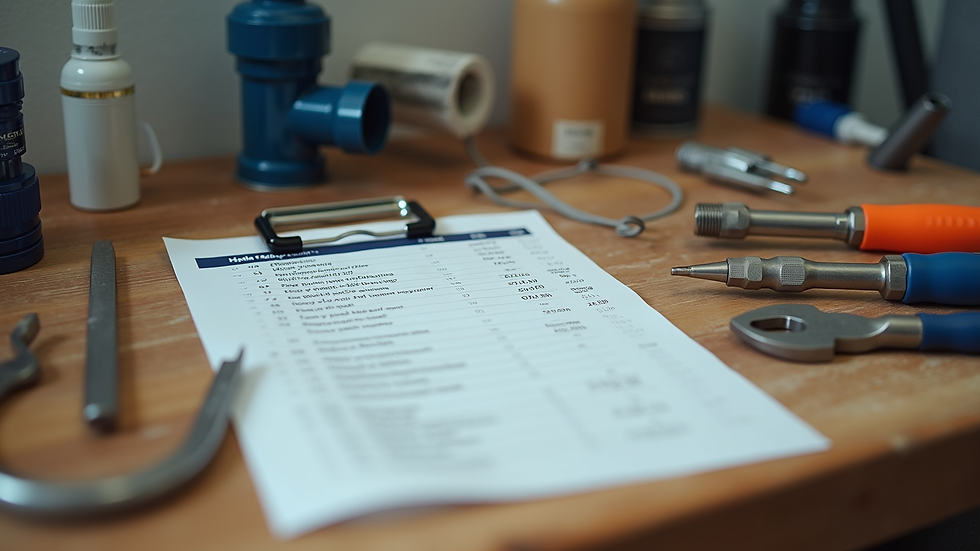 Close-up view of plumbing tools and a price list on a wooden table