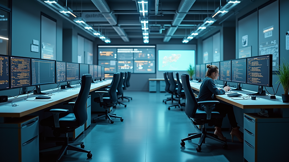 High angle view of a futuristic tech workspace