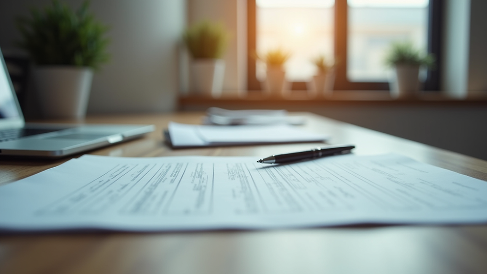 Eye-level view of a neat desk with paperwork and a pen