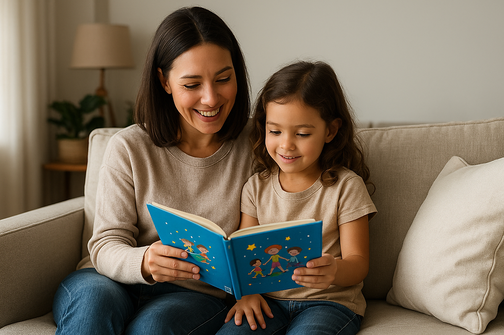 A smiling mother and young daughter read a picture book together on a beige couch in a bright, cozy living room filled with soft natural light.