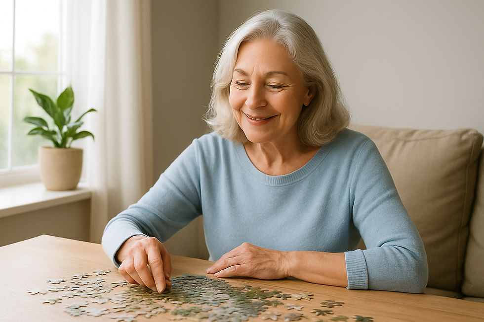 A mature woman works on a jigsaw puzzle in a bright, peaceful room filled with natural light, promoting relaxation and mental activity.