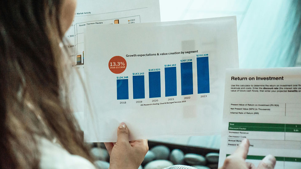 mujer con graficos mostrando el retorno de inversion