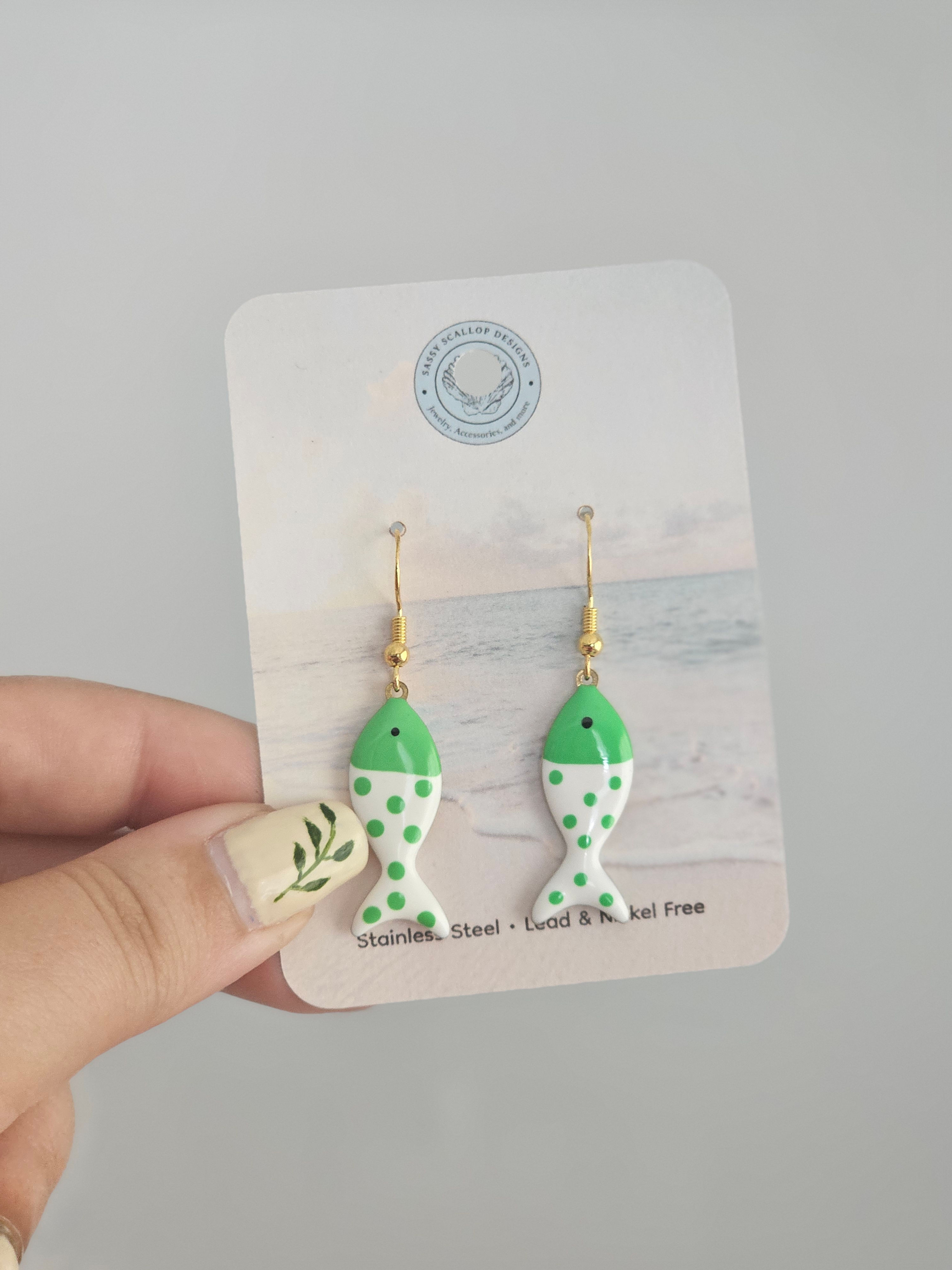 Green Polka Dot Fish Earrings