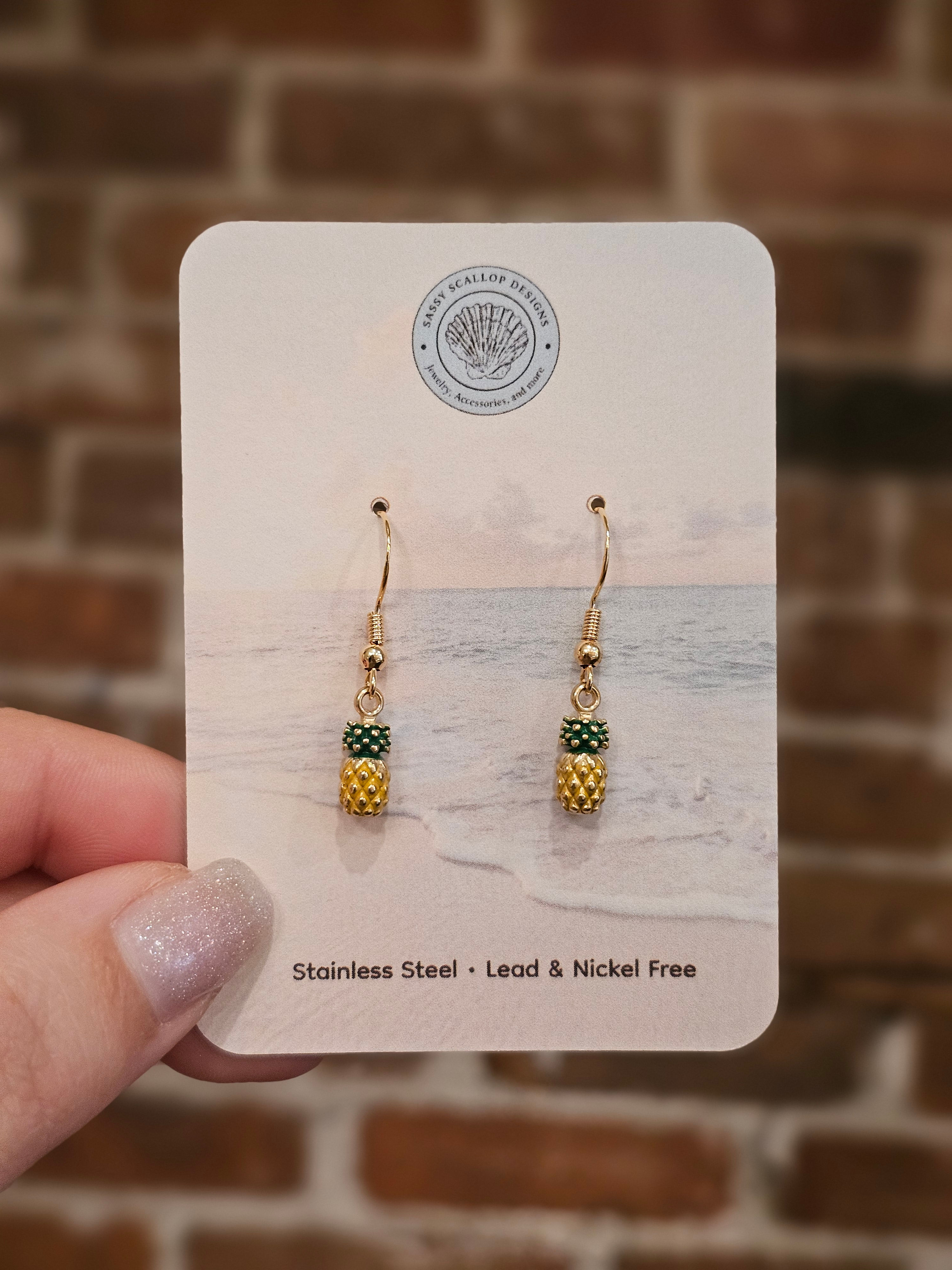 Gold Enamel Pineapple Earrings