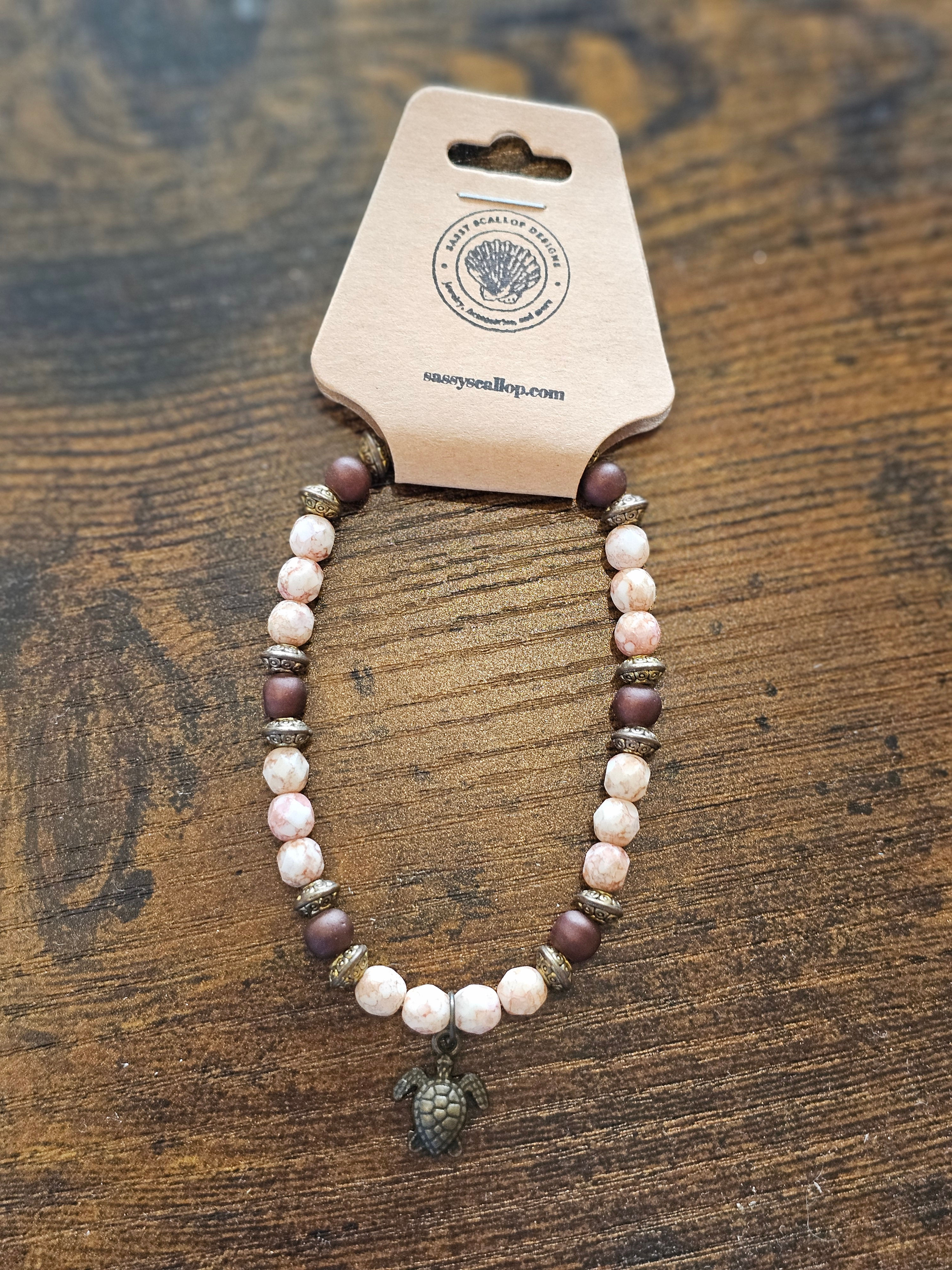 Light Pink and Brown Turtle Beaded Bracelet