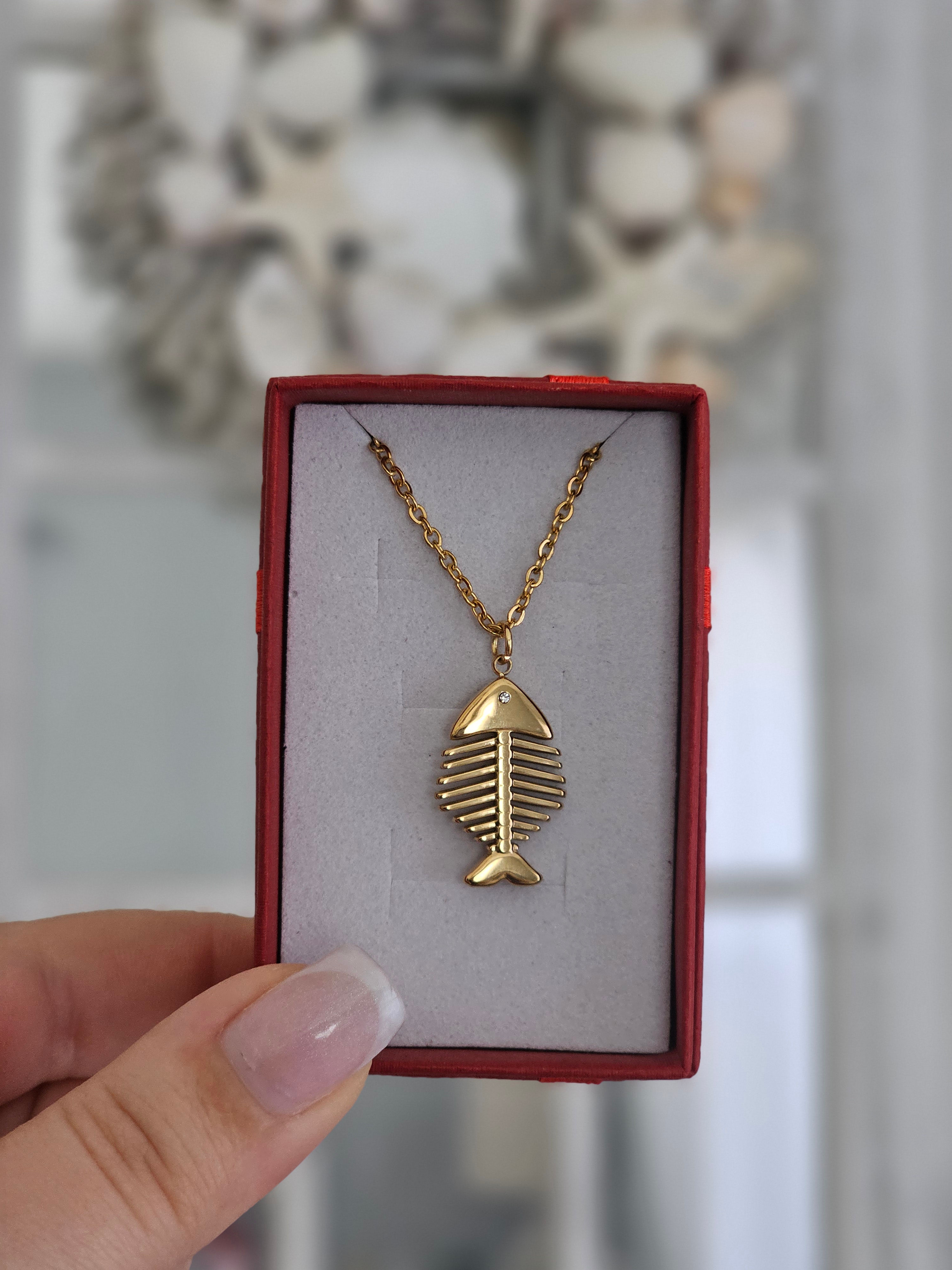 Jeweled Fish Bone Pendant