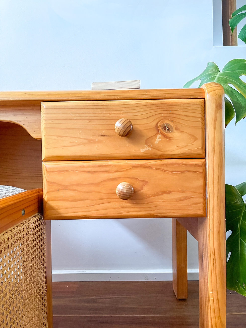 Thumbnail: Solid pine and rattan dressing table with stool & mirror