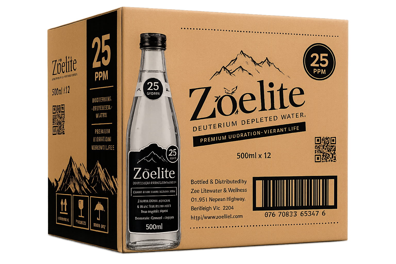 Zoelite 25ppm DDW carton x 12 bottles of Deuterium Depleted Water