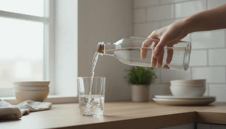 Eye-level view of a hand pouring water into a clear glass in a bright kitchen