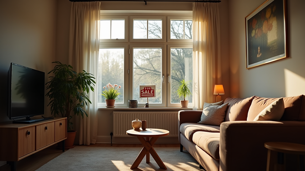 Eye-level view of a cozy living room with a “For Sale” sign outside the window