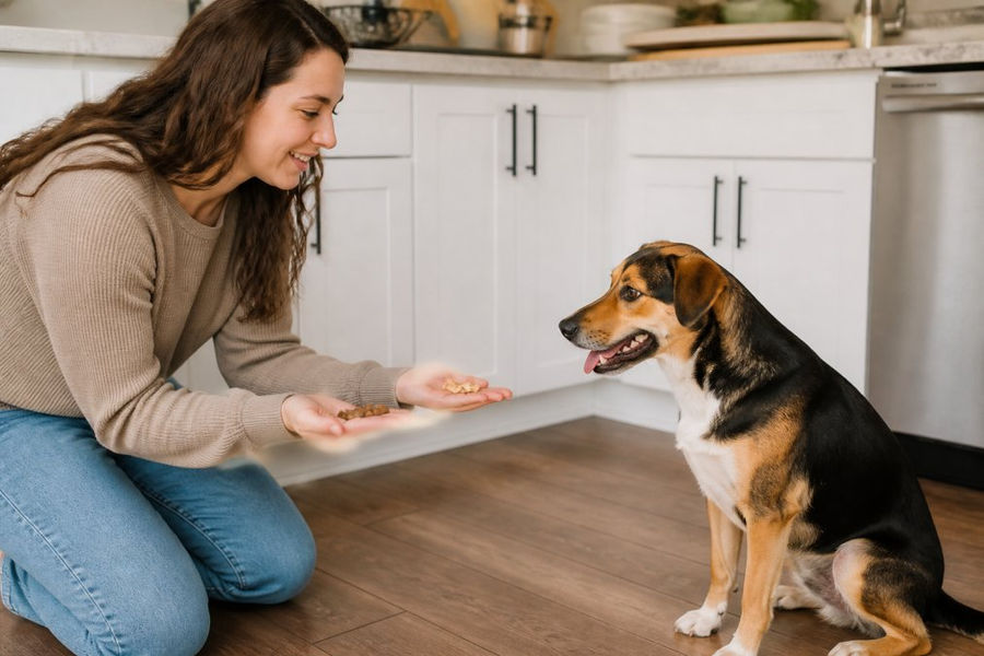 A dog owner kneeling on a kitchen floor, holding one small natural chicken treat in one hand and a few kibble pieces in the other, with a happy medium-sized dog watching attentively