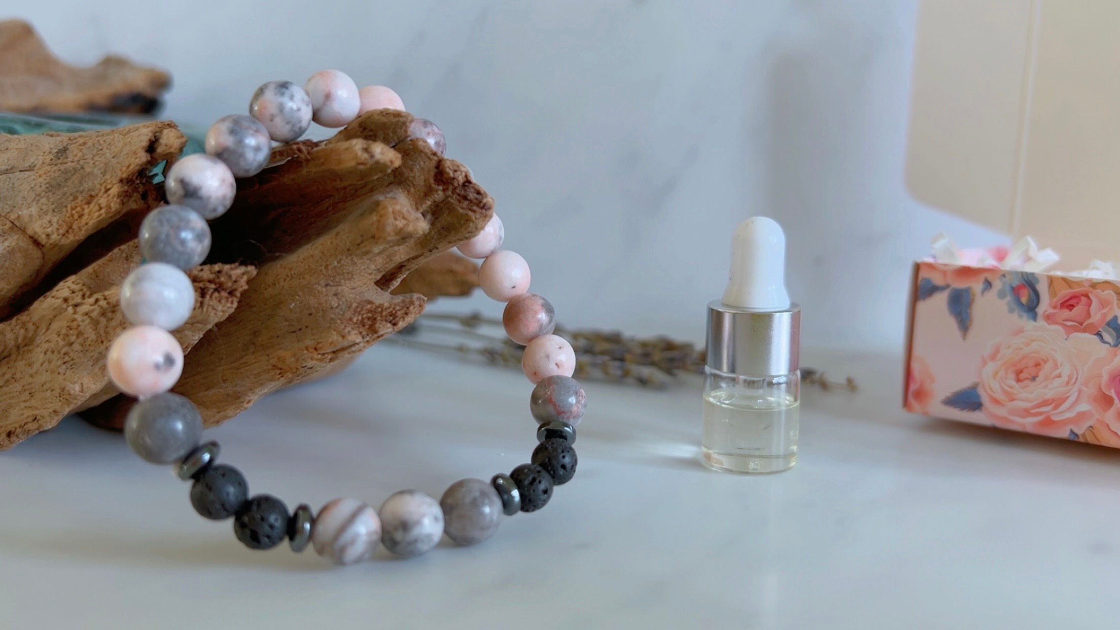 Pink Zebra Jasper & Lava Rock Diffuser Bracelet & Essential Oil Gift Set