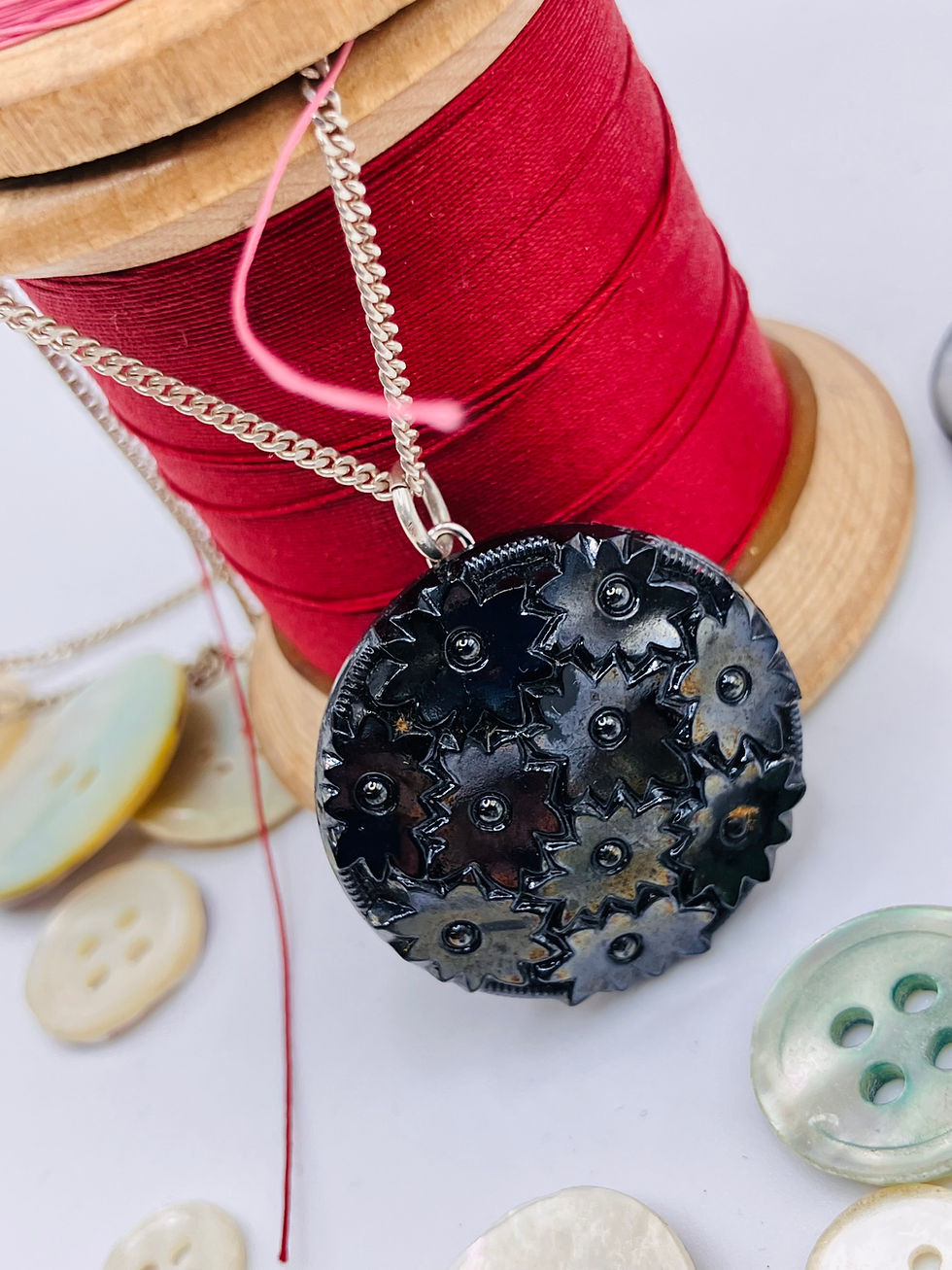 Black glass button necklace