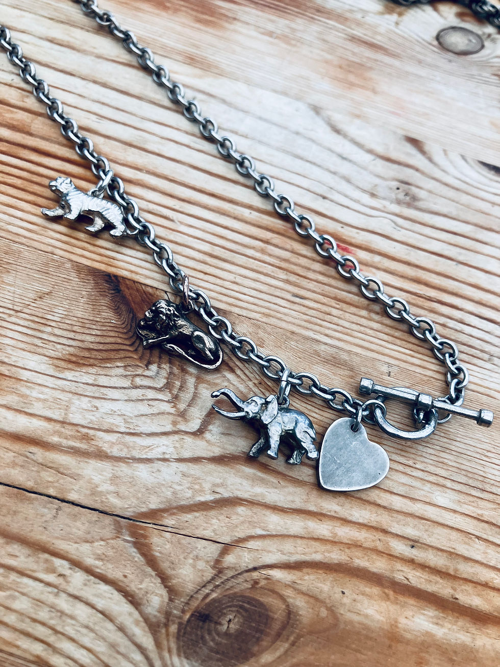 necklace on wood table showing details of animals