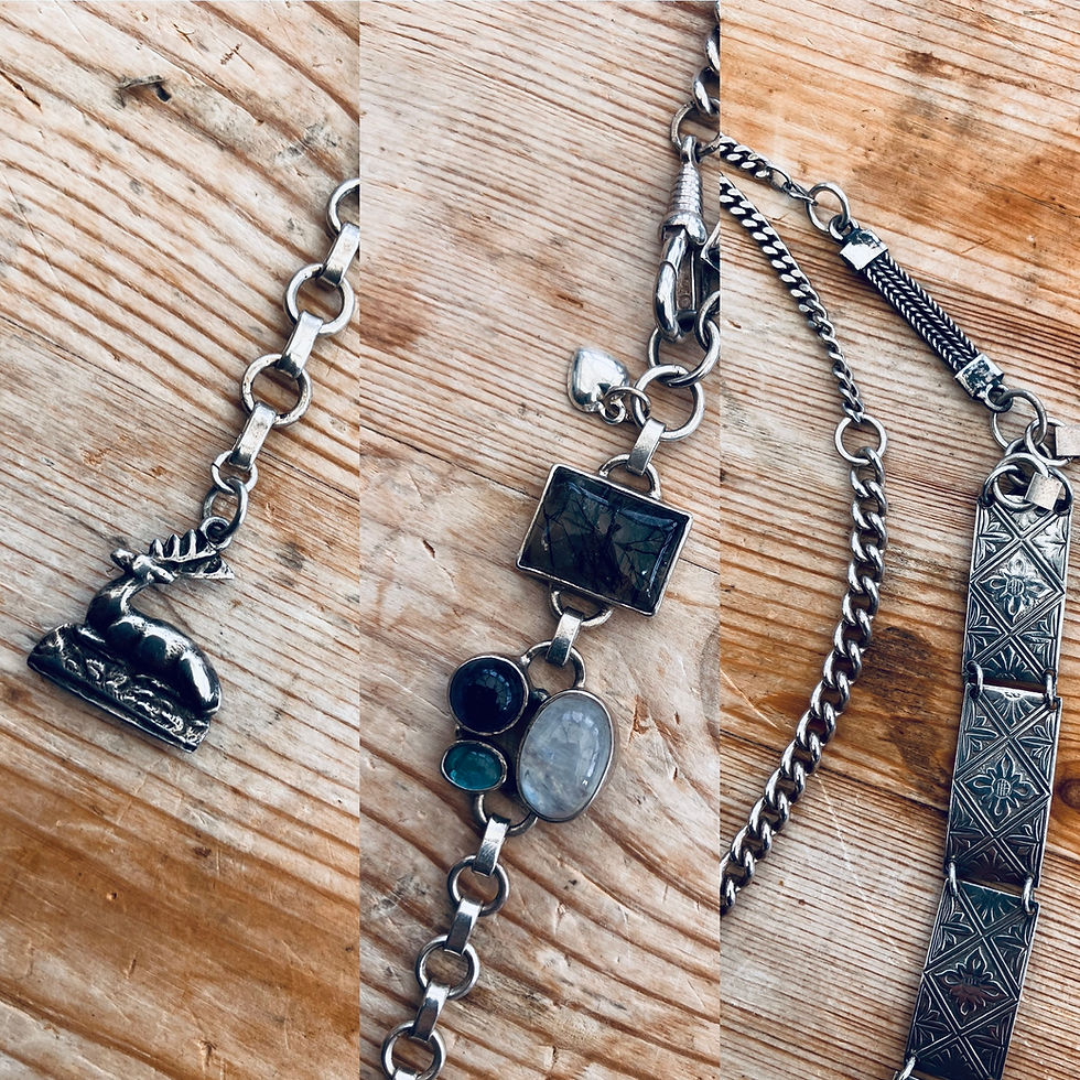 3 images of silver necklace and gem stones