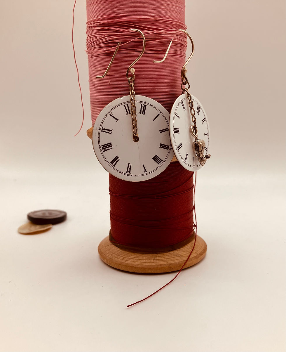 Thumbnail: pair of watch face earrings, with one little silver mouse