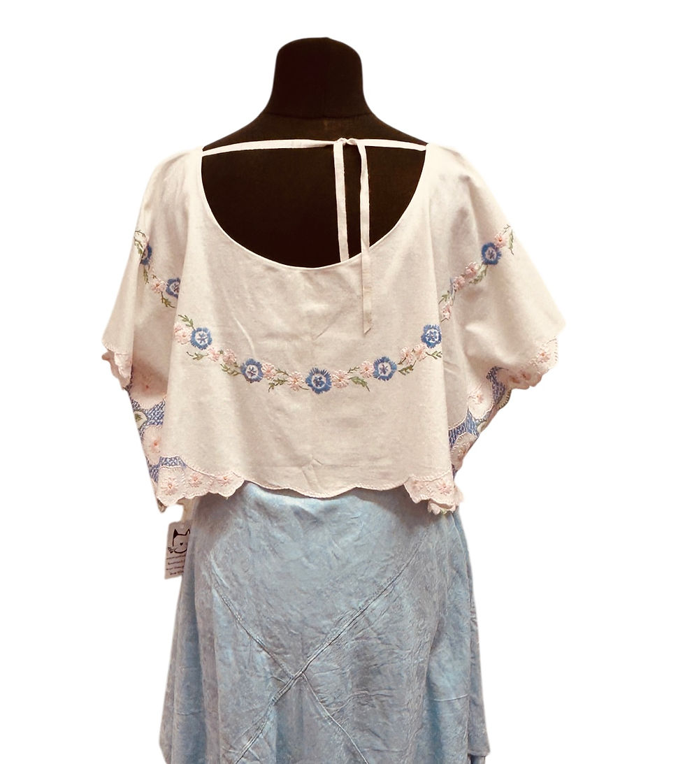 Thumbnail: back view of white cotton blouse with hand embroidery