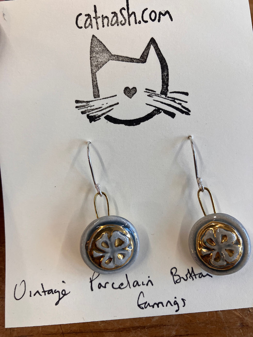 Porcelain Button in gold and blue with sterling silver hooks