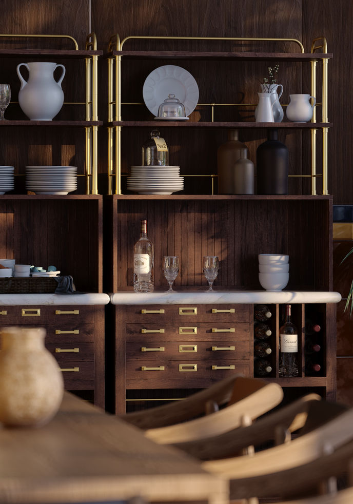 Elegant open kitchen shelving featuring white ceramic dishes, glassware, wine bottles, and minimalist vases. Brass accents and rich wooden cabinetry create a sophisticated, vintage-inspired atmosphere.