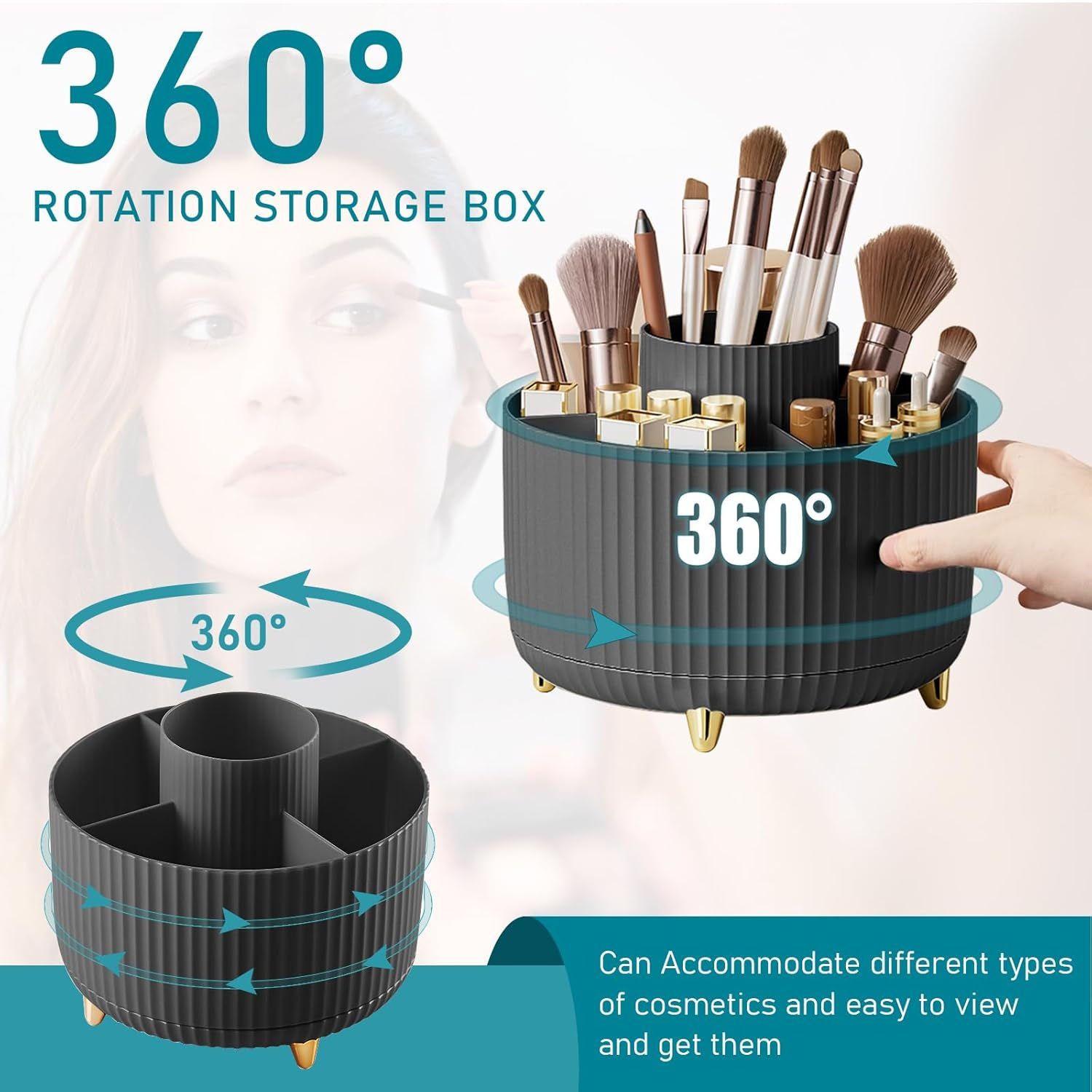 Makeup Brush Holder Organizer 5 Slot 360° Rotating Makeup Brushes Desktop Stora