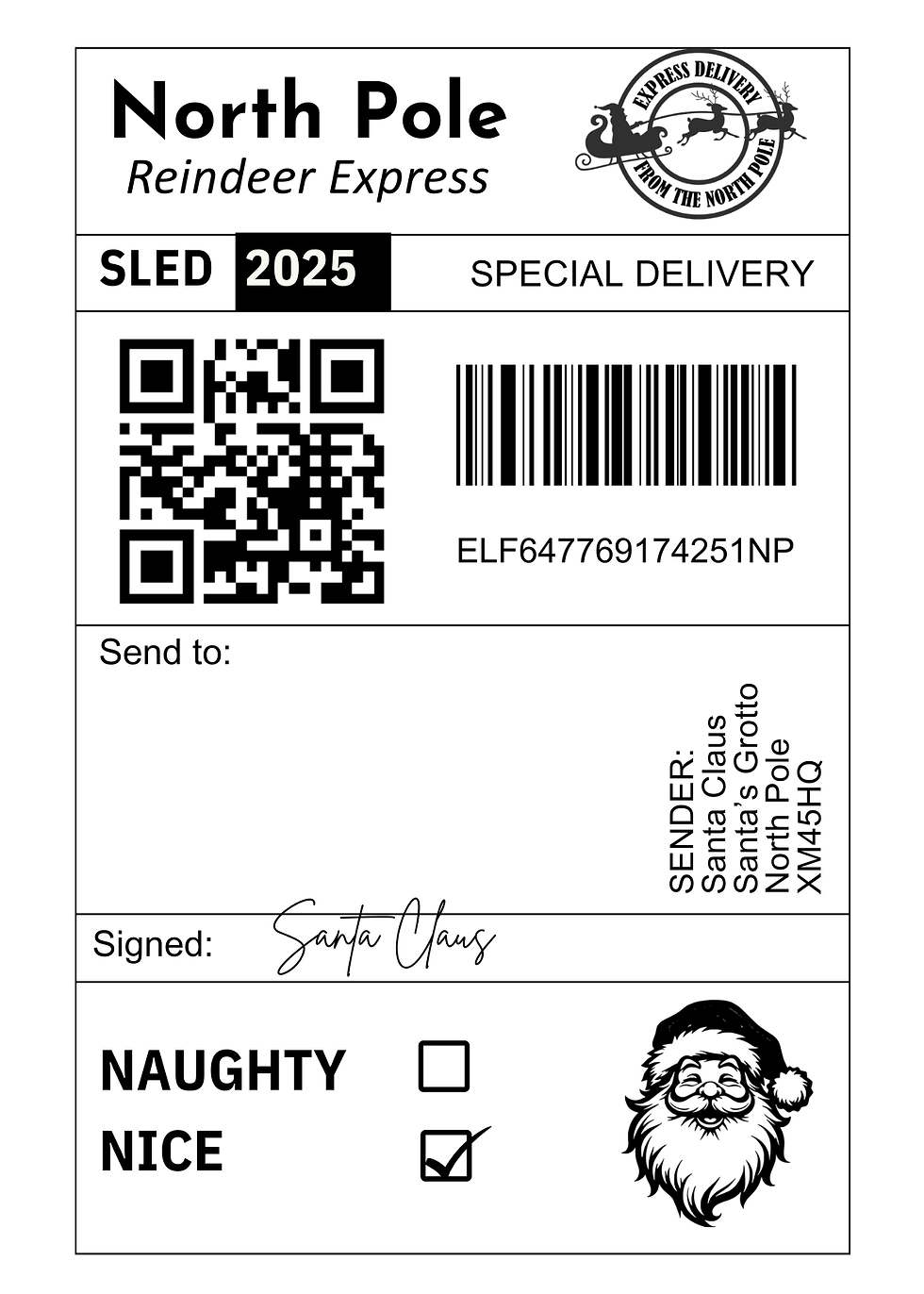 Thumbnail: North Pole Personalised Parcel Label - VERSION FOUR Nice - Santa Logo