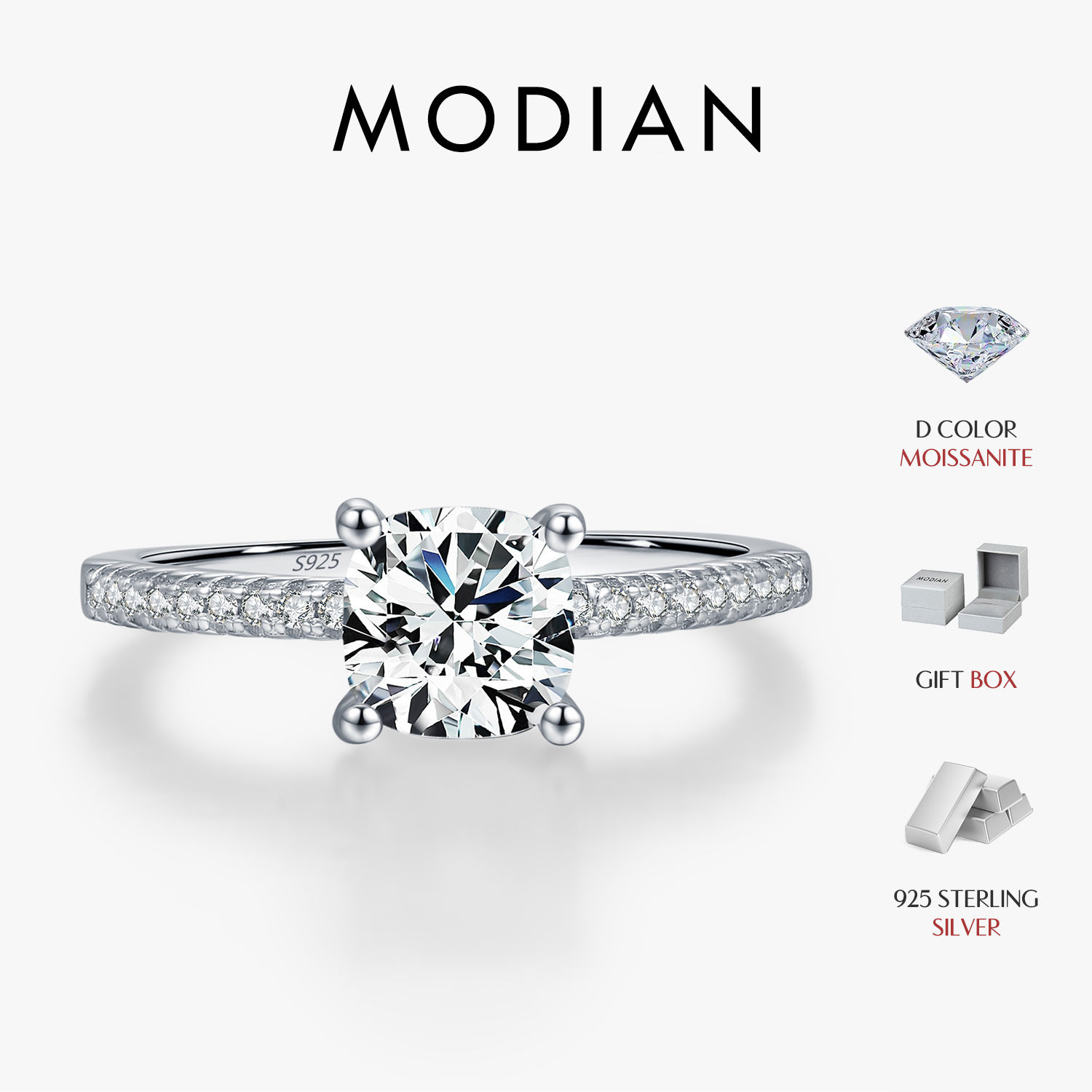Velvet Spark Store | MODIAN 1CT D Color Square Moissanite Rings 925 Sterling Sil